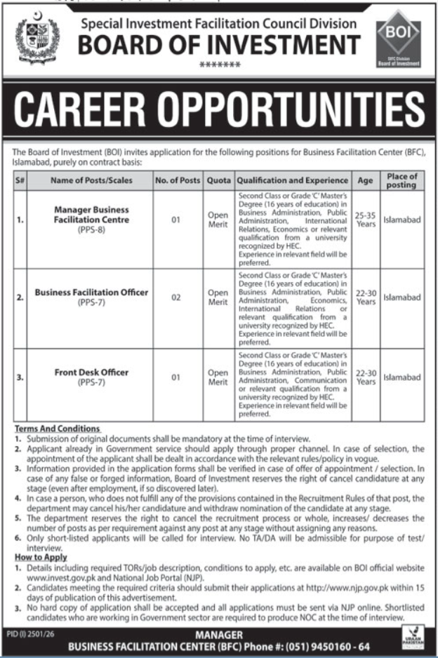 Manager Business Facilitation Centre Jobs in Islamabad 2026 – Latest Vacancy & Apply